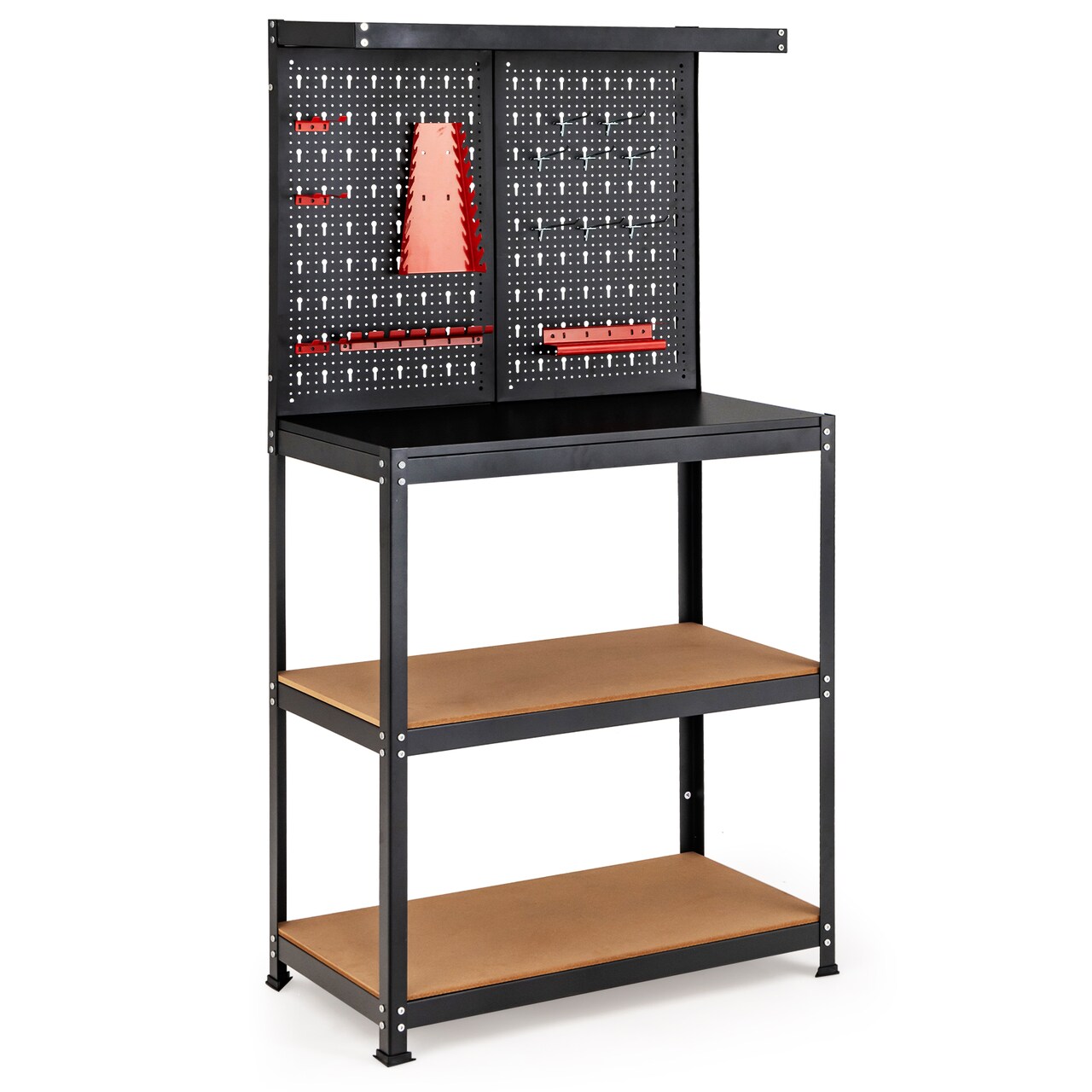 Black Steel MDF Workbench with Pegboard, Shelves, Tool Holders and Heavy Duty Design